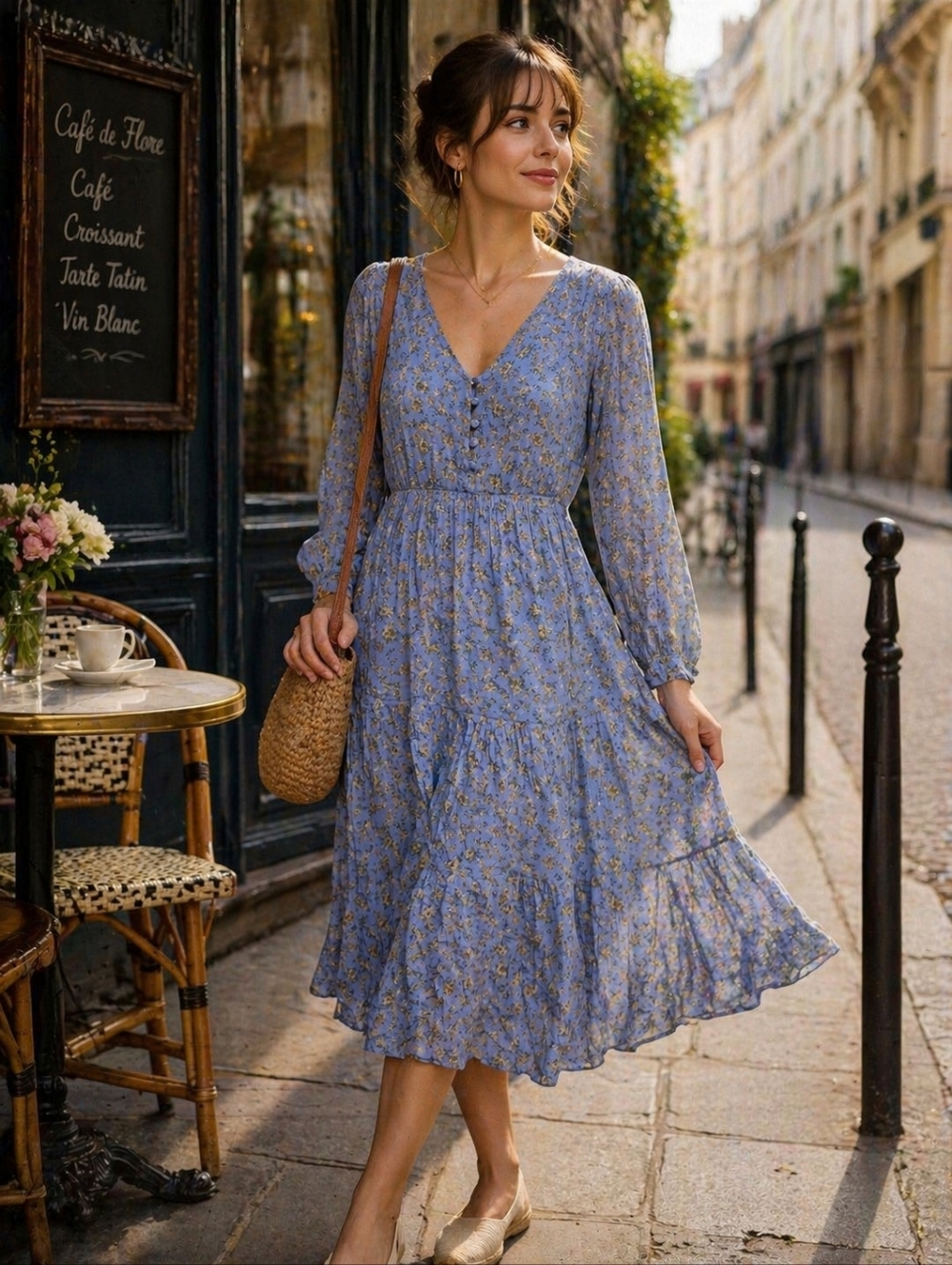 Sezane Light Blue Floral Midi Dress